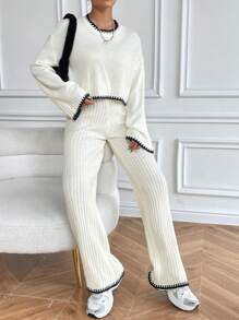 SHEIN Unity Contrast Trim Drop Shoulder Sweater & Knit Pants - Multicolor - View 7