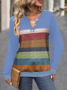 SHEIN LUNE Color Block Half Button Sweatshirt Pullover Fall Sweatshirt - Multicolor - View 4