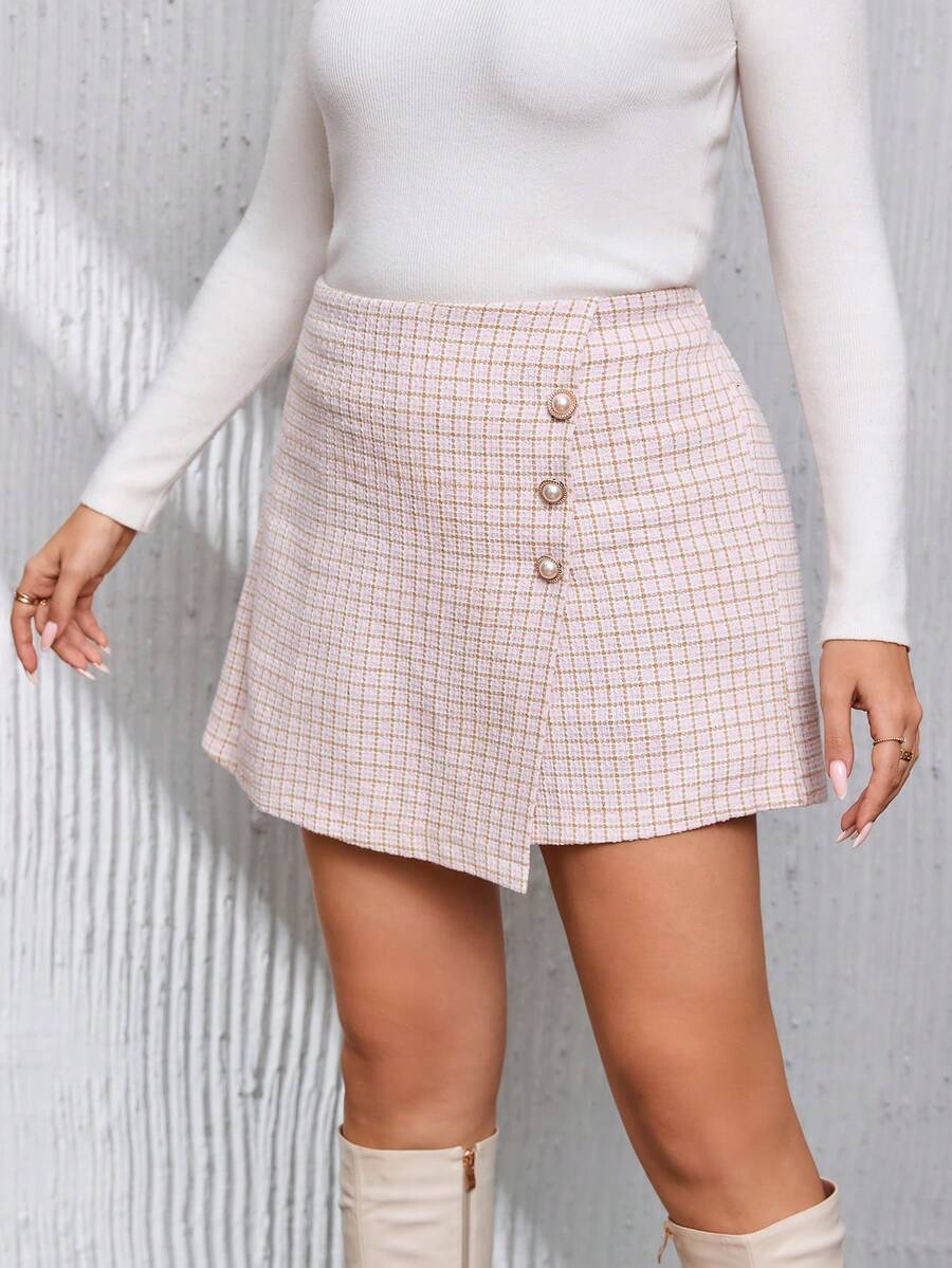 SHEIN Privé Hơn In kẻ sọc Nút phía trước Tweed Váy quần - Hồng - Xem 1