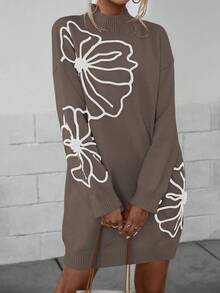 SHEIN Essnce 花卉圖案落肩袖小高領毛衣洋裝 - 咖啡棕 - 查看 5