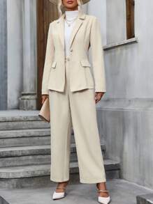 SHEIN LUNE Solid Lapel Neck Blazer & Wide Leg Pants - Apricot - View 6