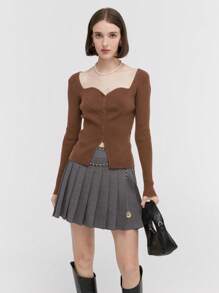 雞心領口前紐扣開襟衫 - 棕色 - 查看 1