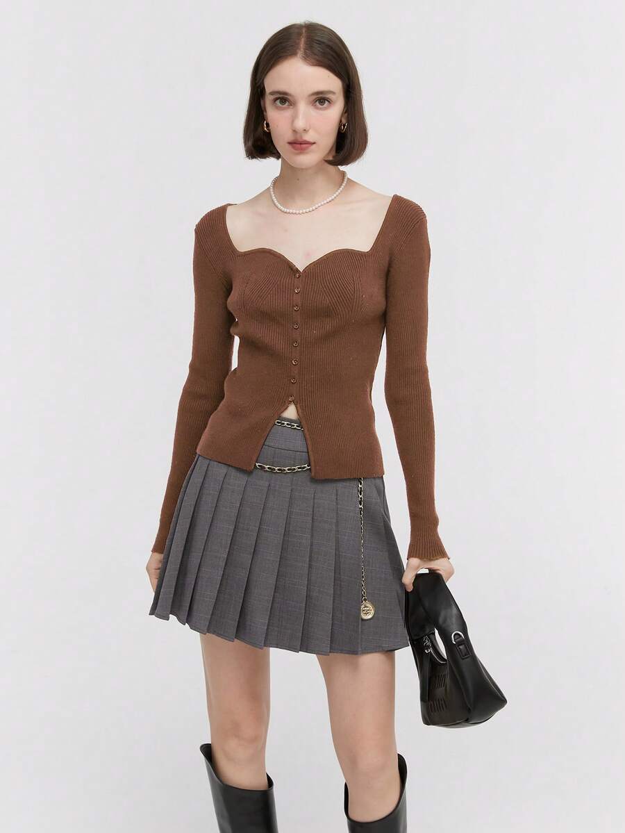 雞心領口前紐扣開襟衫 - 棕色 - 查看 1