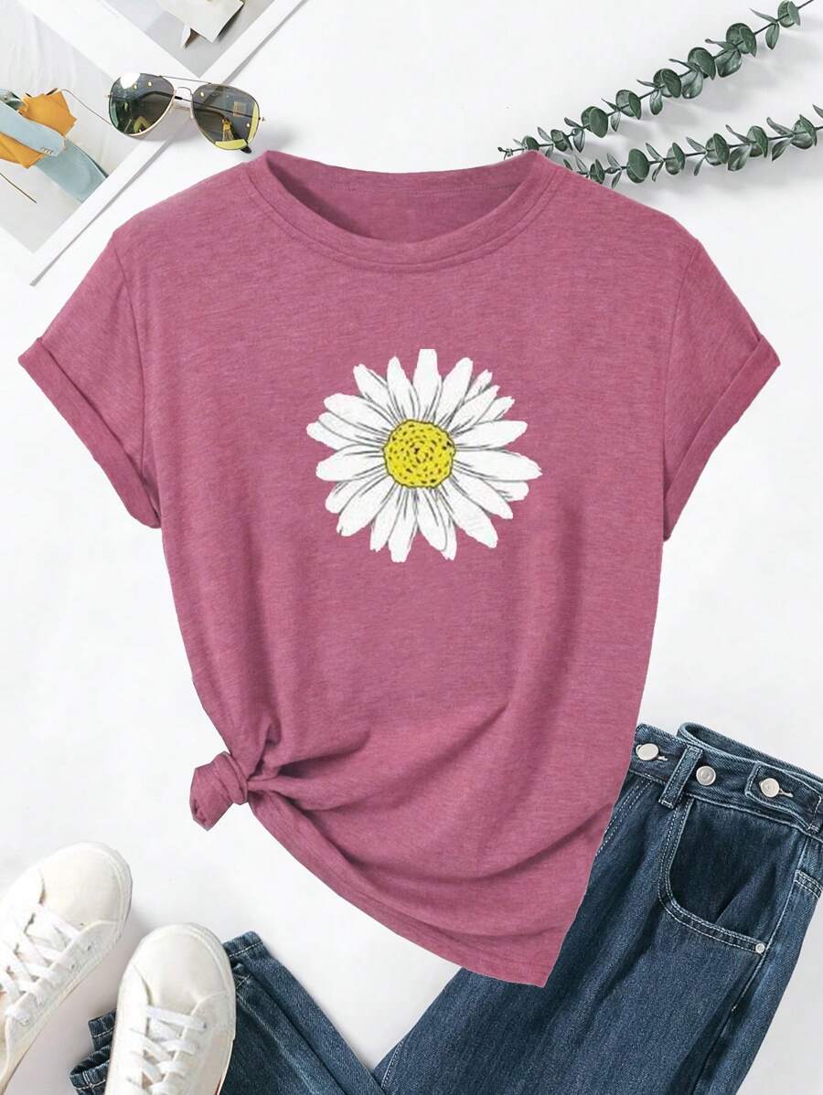 SHEIN LUNE Floral Print Tee - Dusty Pink - View 1