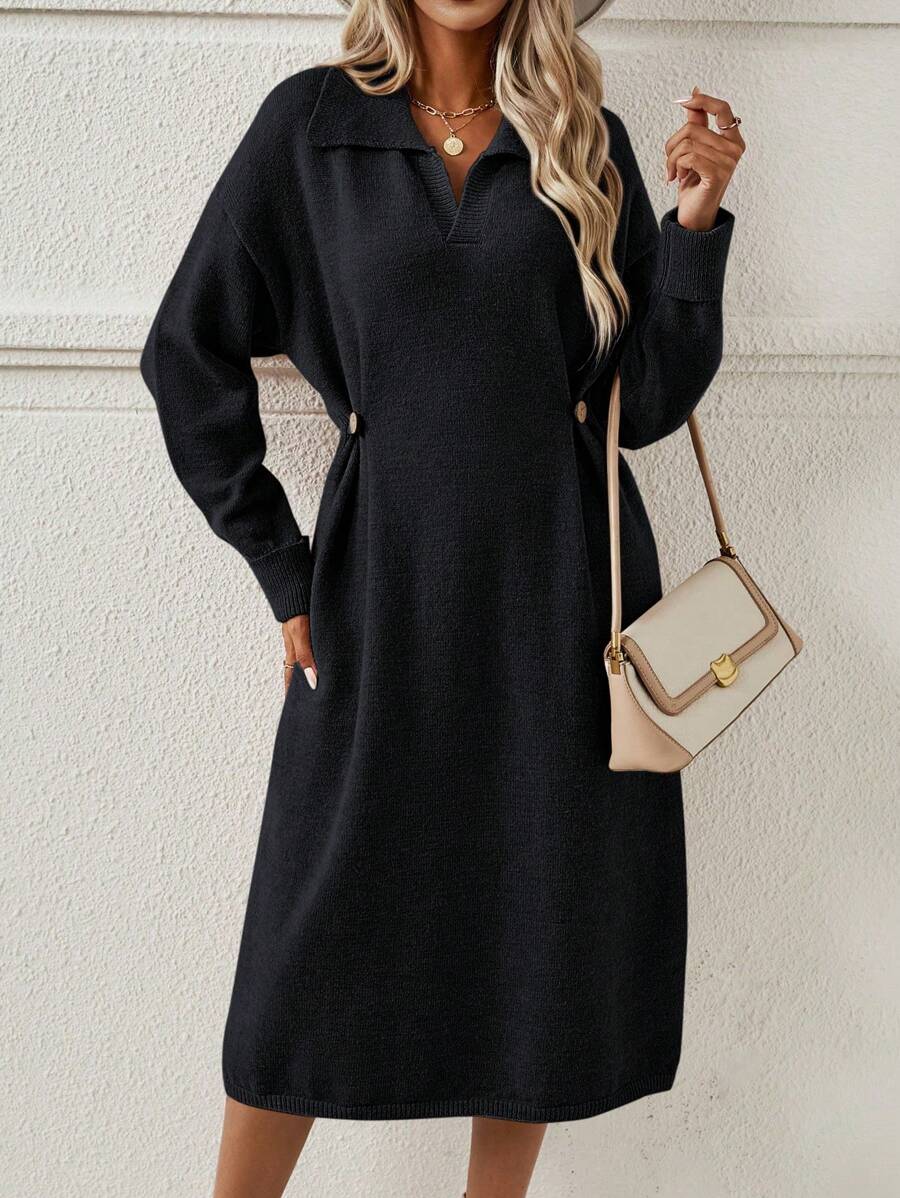 SHEIN Unity Solid Drop Shoulder Twist Side Sweater Dress - Black - View 1