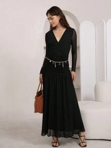 SHEIN Privé 交疊領網紗覆蓋洋裝不附腰帶 - 黑色 - 查看 1