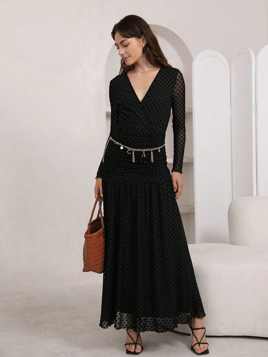 SHEIN Privé 交疊領網紗覆蓋洋裝不附腰帶 - 黑色 - 查看 1