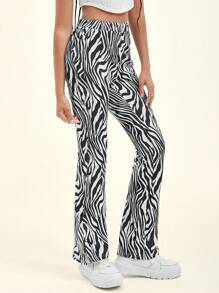 Muchica Split Hem Zebra Striped Pants - Black and White - View 7