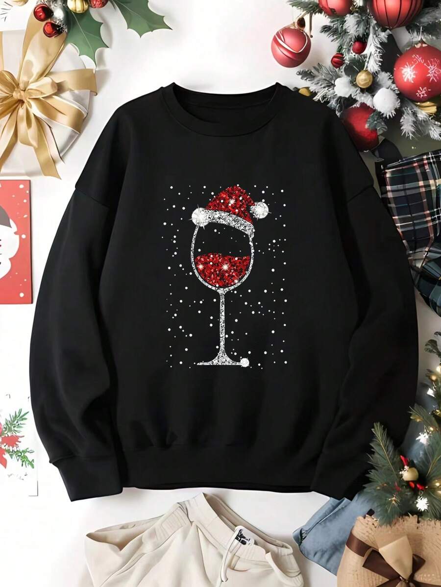 SHEIN LUNE Christmas Hat & Glass Print Drop Shoulder Sweatshirt Pullover Fall Sweatshirt - Black - View 1