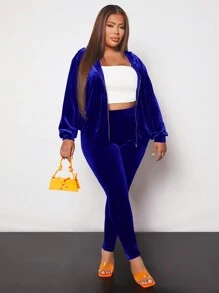 SHEIN SXY Plus Zip Up Velvet Hoodie & Pants - Blue - View 3