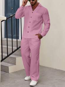 Manfinity Homme Loose Fit Men's Solid Color Shirt And Pants With Pockets - Pink - View 5