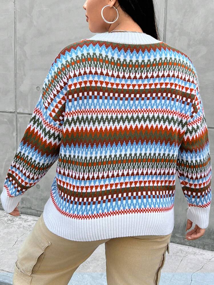 Plus Geo Pattern Drop Shoulder Sweater Knit Pullover Fall Winter Sweater