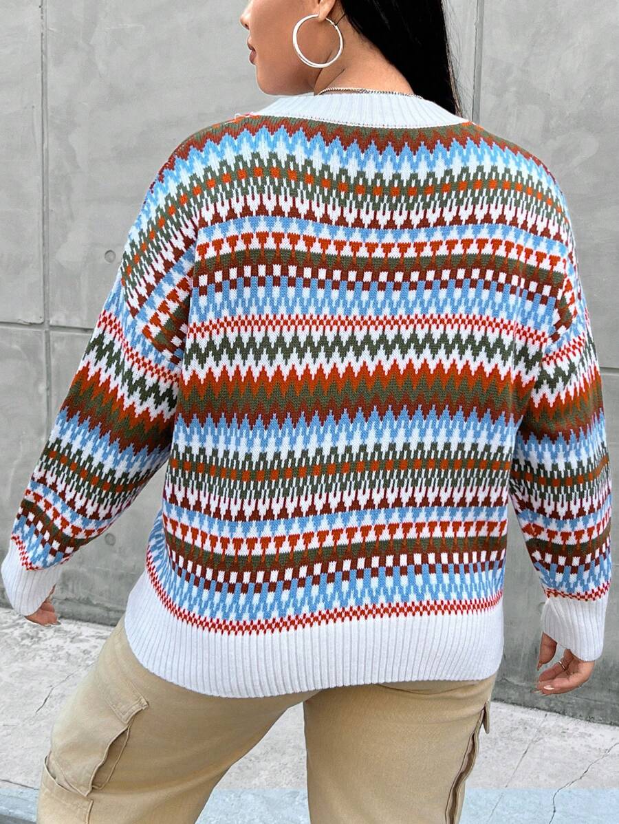 Flirla Plus Pull Motif Géométrique Épaule tombante