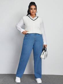 SHEIN EZwear 大碼高腰直筒牛仔褲 - 中等水洗藍 - 查看 4