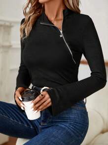 SHEIN Clasi 拉鏈開襟小高領T恤 - 黑色 - 查看 5