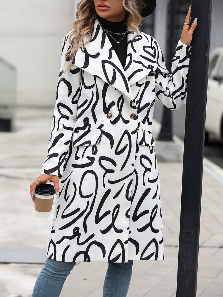 Allover Print Waterfall Collar Flap Detail Double Button Overcoat