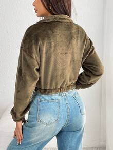 SHEIN PETITE Thả vai Dây kéo Mùa vụ Lông cừu Áo khoác - xanh quân đội - Xem 2