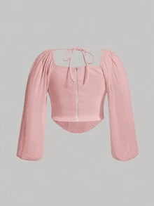 SHEIN MOD Plus Tie Backless Lantern Sleeve Crop Top - Dusty Pink - View 2