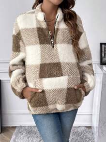 SHEIN Thai sản In kẻ sọc Buffalo Túi kangaroo Thả vai 	
Fuzzy Áo nỉ - Nhiều màu - Xem 2