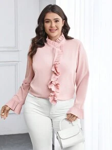 SHEIN Privé 大碼荷葉邊荷葉袖小高領襯衫 - 粉色 - 查看 5