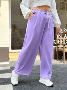 SHEIN EZwear Plus Drawstring Waist Slant Pocket Sweatpants - Mauve Purple - View 2