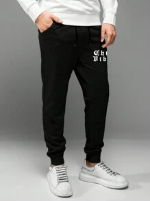 RueChic Men Letter Graphic Drawstring Waist Sweatpants - Black - View 5