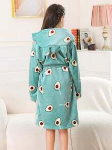 Tween Girl Avocado Print 3D Ear Design Hooded Belted Flannel Sleep Robe