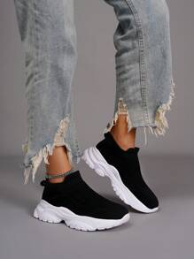 Teenagers' Breathable Sport Style Socks Shoes, Solid Color Sneakers - Black - View 1