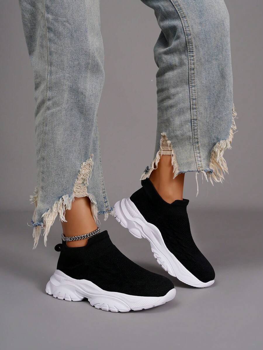 Teenagers' Breathable Sport Style Socks Shoes, Solid Color Sneakers - Black - View 1