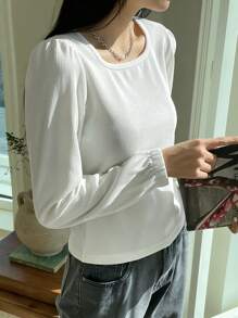 Dazy Star Solid Puff Sleeve Ribbed Knit Tee,Fall Clothes Long Sleeve Women Tops - White - View 3