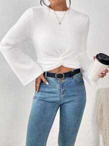 SHEIN Frenchy Twist Front Trumpet Sleeve Crop Sweater - Apricot - View 3