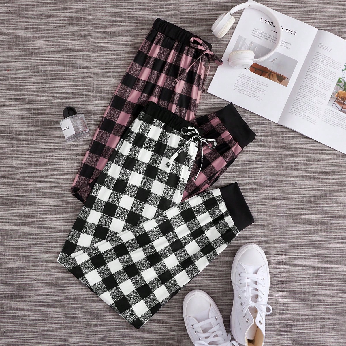 Piezas Pantalones de pijama con cintura anudada y estampado a cuadros, ropa de otoño e invierno