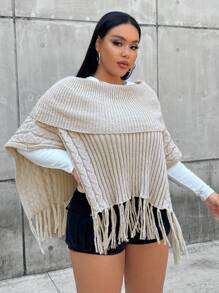 Flirla Plus 1 pièce Poncho Pliable Col Bardot À Franges Manches Chauve-Souris