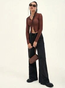 SHEIN ICON 下擺開叉網紗薄透上衣 - 鏽棕色 - 查看 4