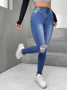 SHEIN PETITE 高腰破洞緊身牛仔褲 - 中等水洗藍 - 查看 3