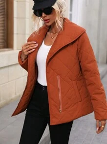 SHEIN Clasi Women's Turn-Down Collar Zipper Front Padded Padded Coat Clothes Winter With Diagonal Pockets Fall Cloth For Women - Rust Brown - View 6