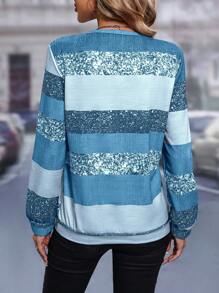 SHEIN LUNE Khối màu In sọc Áo nỉ - Màu xanh nhạt - Xem 2