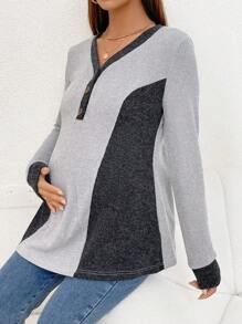 SHEIN Maternity Color Block Half Button Tee - Multicolor - View 4