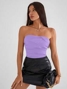 SHEIN Privé Concert Solid Ruched Tube Top - Purple - View 6