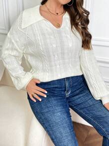 SHEIN LUNE Plus Cable Knit Drop Shoulder Sweater - White - View 6