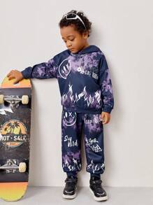 Young Boy Casual Loose Tie Dye Flame & Smiling Face Hoodie Sweatshirt With Knitted Pants Set, Fleece Thickened