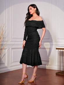 Modelyn Asymmetrical Shoulder Ruffle Trim Mermaid Hem Textured Dress - Black - View 6