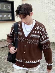 Manfinity Hypemode Men's Geometric Pattern Drop-shoulder Cardigan With Open Front - Coffee Brown - View 7