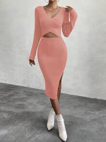 SHEIN Privé Crossover Cắt ra phía trước Tách đùi Đầm Áo len - Bụi hồng - Xem 4