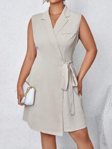 SHEIN Clasi Hơn Cổ áo Bọc Nút ven Đầm - Màu be - Xem 1