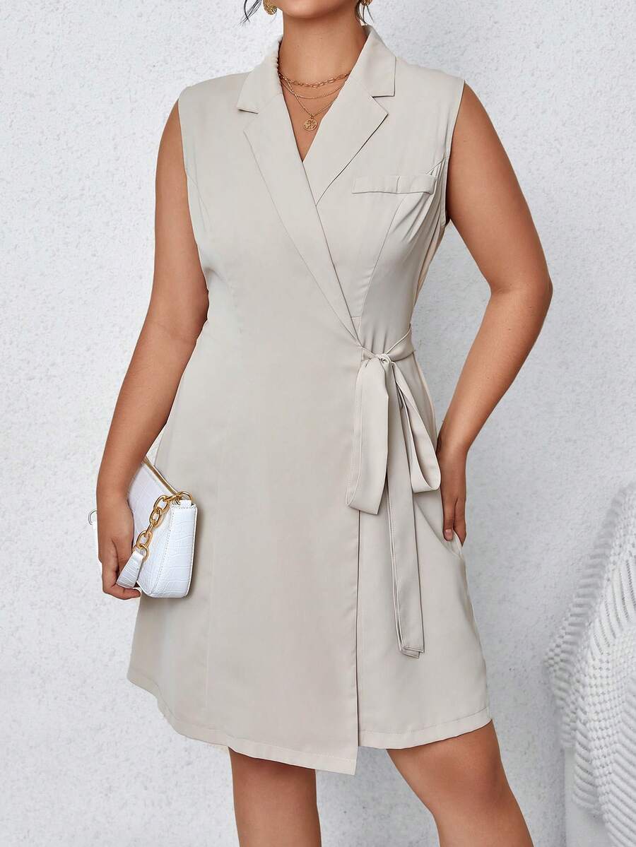 SHEIN Clasi Hơn Cổ áo Bọc Nút ven Đầm - Màu be - Xem 1