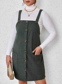 SHEIN Franclia Plus Patched Pocket Overall Dress Without Sweater - Green - View 1