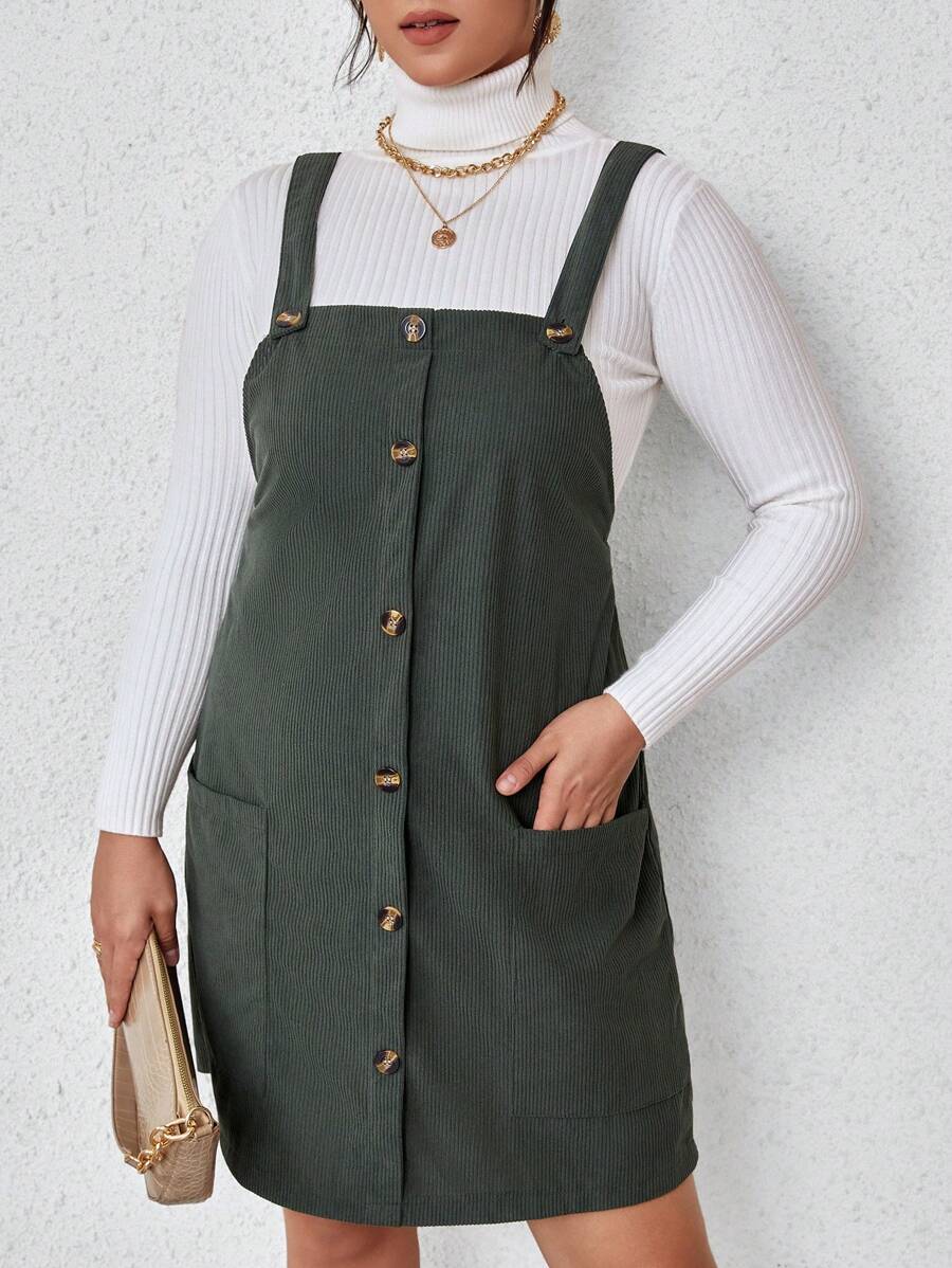 SHEIN Franclia Plus Patched Pocket Overall Dress Without Sweater - Green - View 1