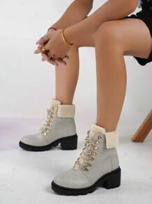 女款及踝靴，休閒，保暖，粗跟，純色，繫帶，圓頭，人造羔羊毛短靴 - 灰色 - 查看 6