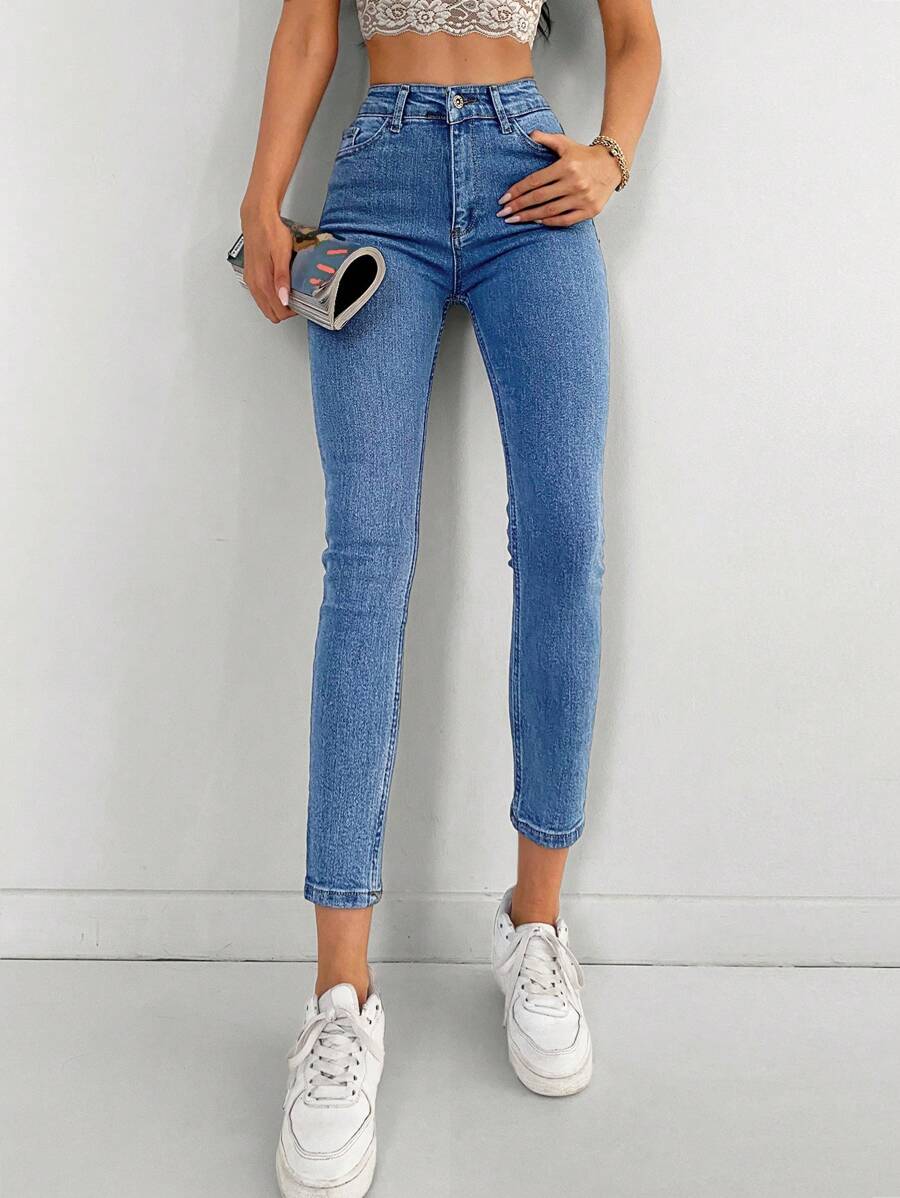 EURMUSE Solid Slant Pocket Skinny Jeans - Blue - View 1